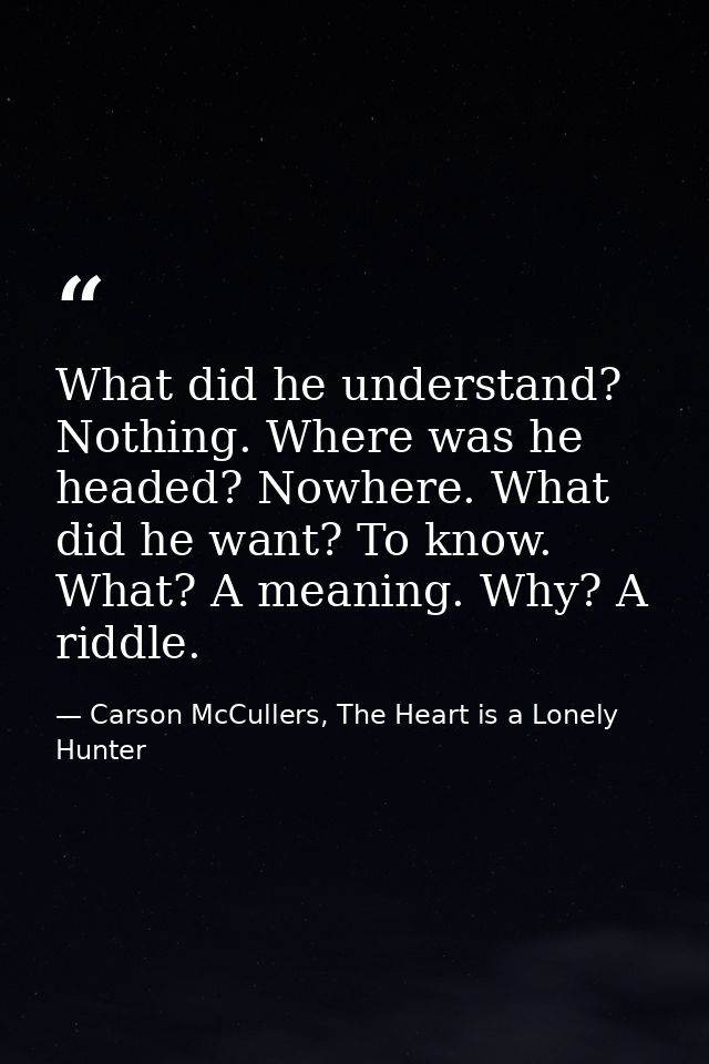 What did he understand? Nothing. Where was he headed? Nowhere. What did he want? To know. What? A meaning. Why? A riddle — Carson McCullers, The Heart is a Lonely Hunter