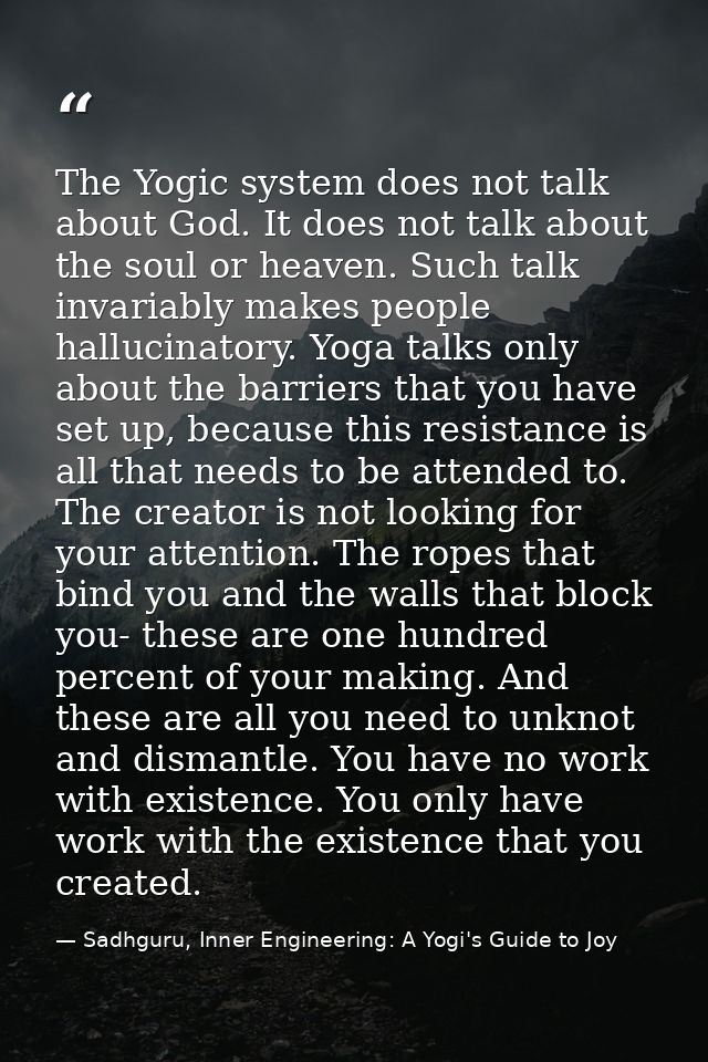 The Yogic system does not talk about God. It does not talk about the soul or heaven. Such talk invariably makes people h — Sadhguru, Inner Engineering: A Yogi's Guide to Joy