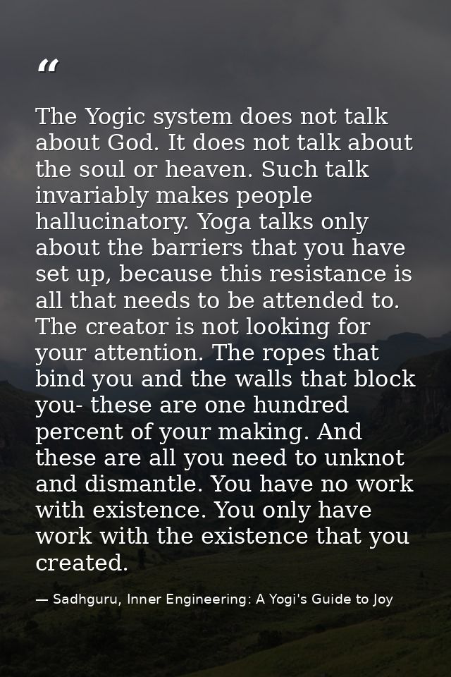 The Yogic system does not talk about God. It does not talk about the soul or heaven. Such talk invariably makes people h — Sadhguru, Inner Engineering: A Yogi's Guide to Joy