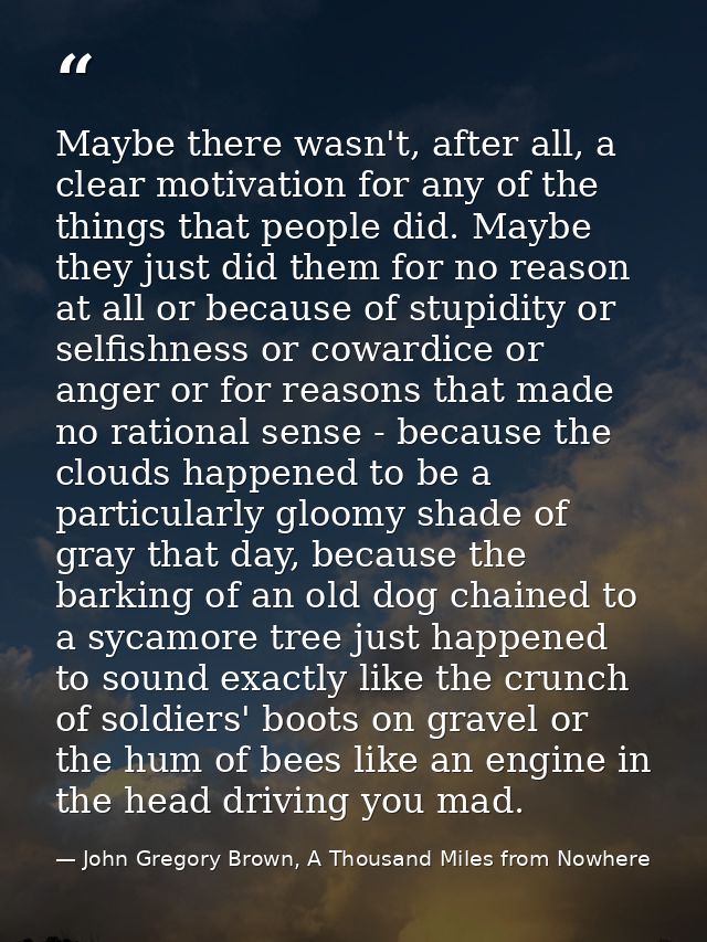 Maybe there wasn't, after all, a clear motivation for any of the things that people did. Maybe they just did them for no — John Gregory Brown, A Thousand Miles from Nowhere