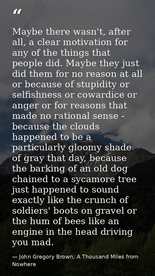 Maybe there wasn't, after all, a clear motivation for any of the things that people did. Maybe they just did them for no — John Gregory Brown, A Thousand Miles from Nowhere