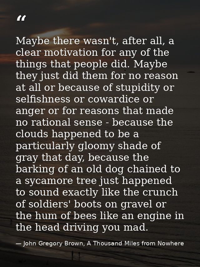Maybe there wasn't, after all, a clear motivation for any of the things that people did. Maybe they just did them for no — John Gregory Brown, A Thousand Miles from Nowhere