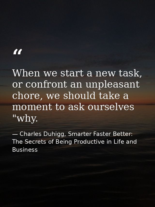 When we start a new task, or confront an unpleasant chore, we should take a moment to ask ourselves "why. — Charles Duhigg, Smarter Faster Better: The Secrets of Being Productive in Life and Business