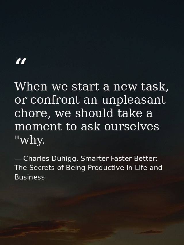 When we start a new task, or confront an unpleasant chore, we should take a moment to ask ourselves "why. — Charles Duhigg, Smarter Faster Better: The Secrets of Being Productive in Life and Business