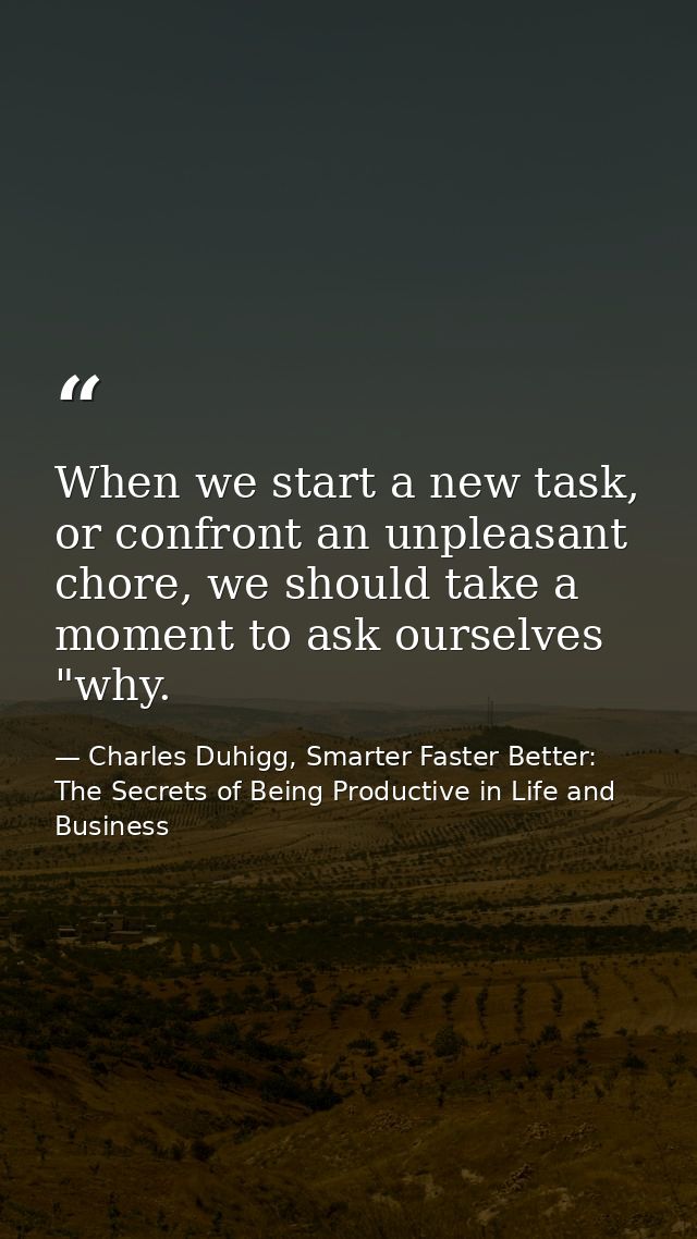 When we start a new task, or confront an unpleasant chore, we should take a moment to ask ourselves "why. — Charles Duhigg, Smarter Faster Better: The Secrets of Being Productive in Life and Business