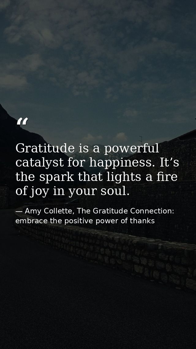 Gratitude is a powerful catalyst for happiness. It’s the spark that lights a fire of joy in your soul. — Amy Collette, The Gratitude Connection: embrace the positive power of thanks