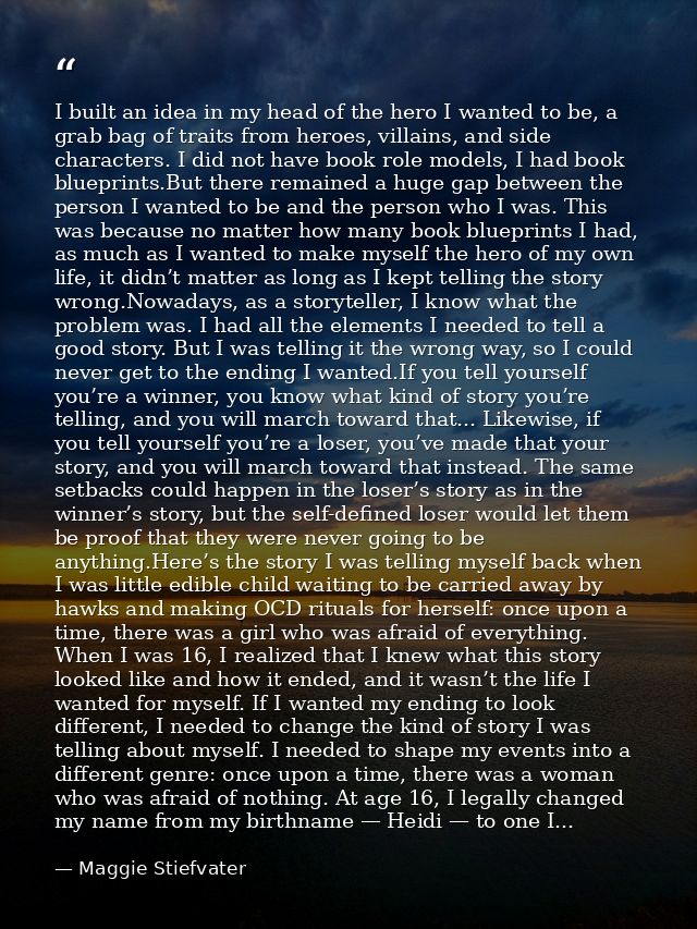 I built an idea in my head of the hero I wanted to be, a grab bag of traits from heroes, villains, and side characters.  — Maggie Stiefvater