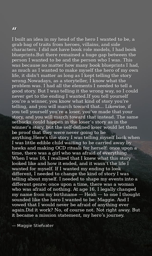 I built an idea in my head of the hero I wanted to be, a grab bag of traits from heroes, villains, and side characters.  — Maggie Stiefvater