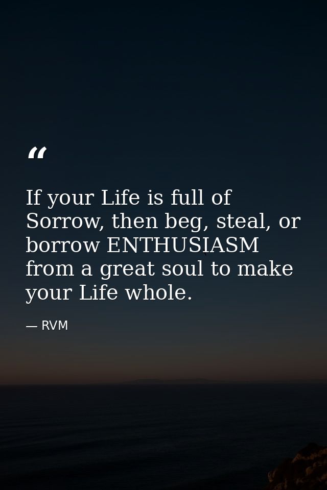 If your Life is full of Sorrow, then beg, steal, or borrow ENTHUSIASM from a great soul to make your Life whole. — RVM