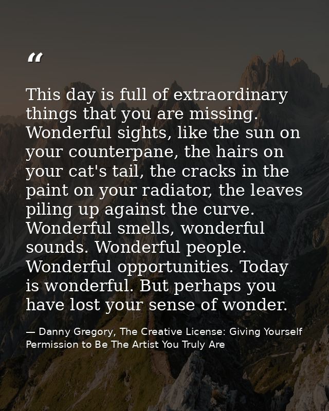This day is full of extraordinary things that you are missing. Wonderful sights, like the sun on your counterpane, the h — Danny Gregory, The Creative License: Giving Yourself Permission to Be The Artist You Truly Are