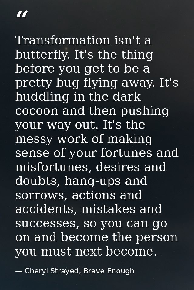 Transformation isn't a butterfly. It's the thing before you get to be a pretty bug flying away. It's huddling in the dar — Cheryl Strayed, Brave Enough