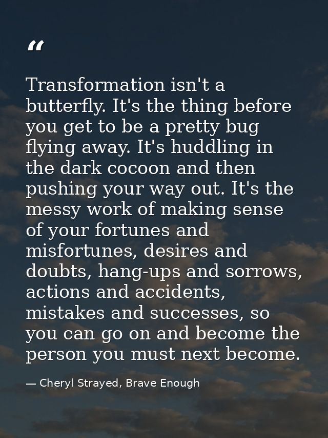 Transformation isn't a butterfly. It's the thing before you get to be a pretty bug flying away. It's huddling in the dar — Cheryl Strayed, Brave Enough