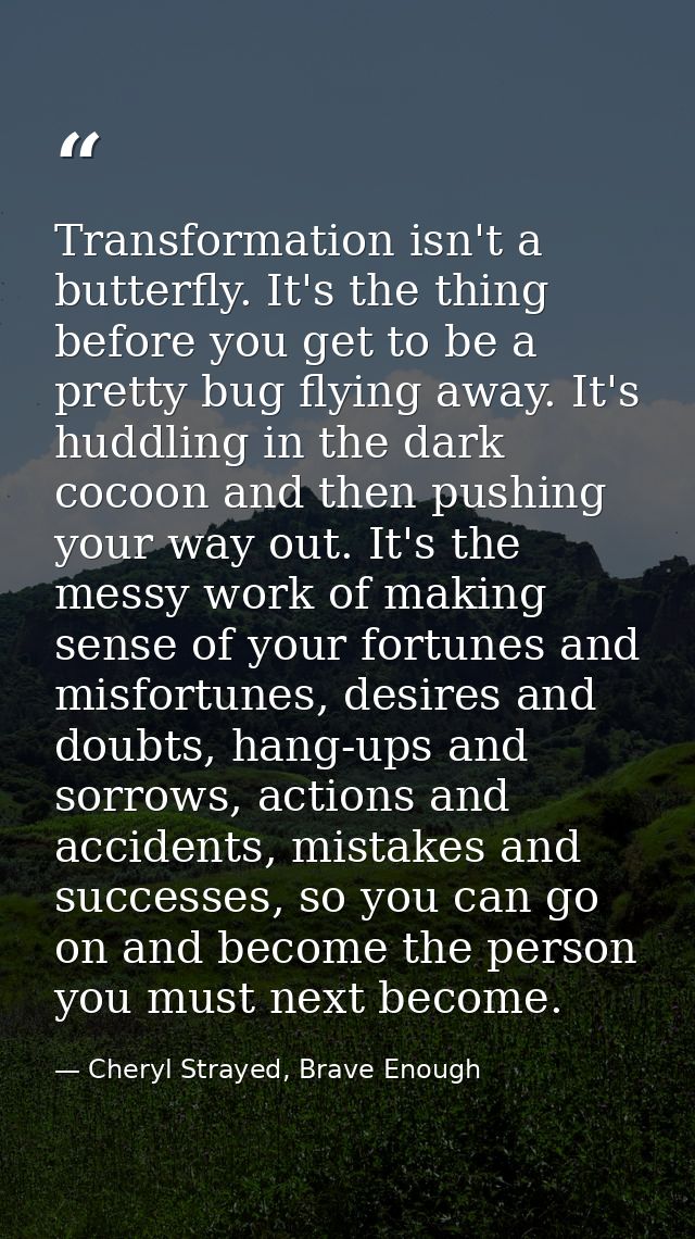 Transformation isn't a butterfly. It's the thing before you get to be a pretty bug flying away. It's huddling in the dar — Cheryl Strayed, Brave Enough