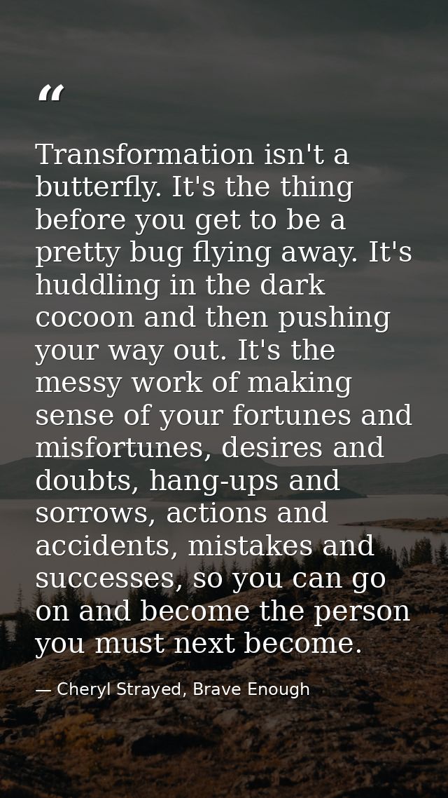 Transformation isn't a butterfly. It's the thing before you get to be a pretty bug flying away. It's huddling in the dar — Cheryl Strayed, Brave Enough