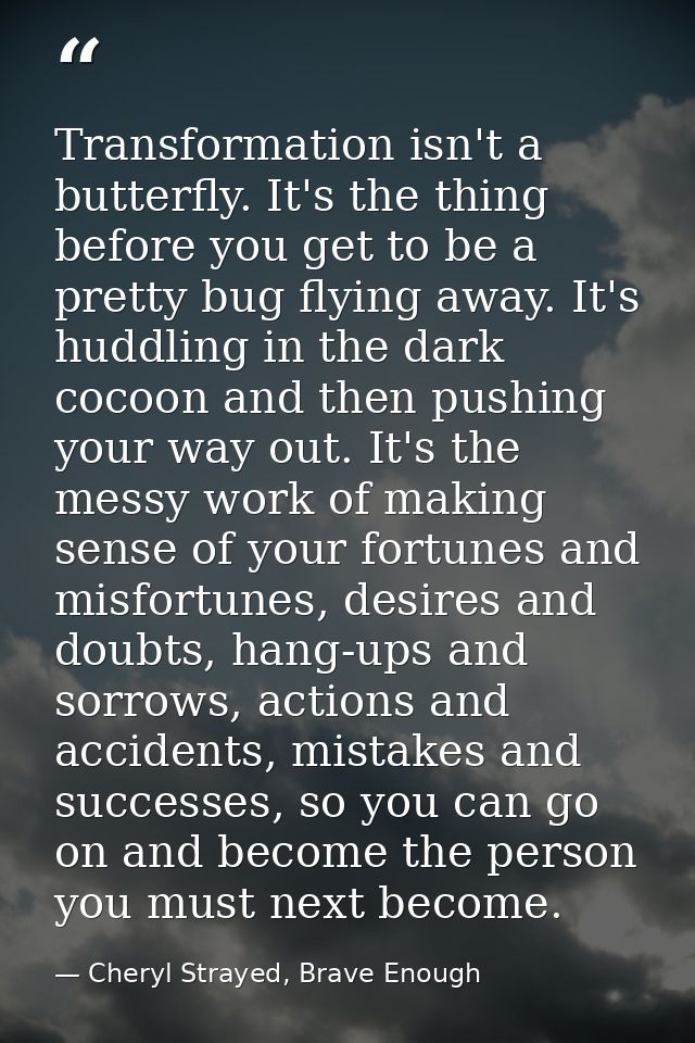 Transformation isn't a butterfly. It's the thing before you get to be a pretty bug flying away. It's huddling in the dar — Cheryl Strayed, Brave Enough