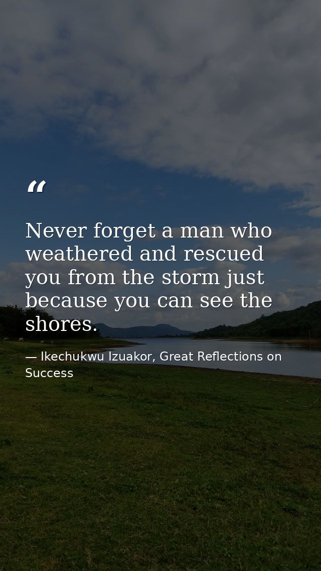 Never forget a man who weathered and rescued you from the storm just because you can see the shores. — Ikechukwu Izuakor, Great Reflections on Success