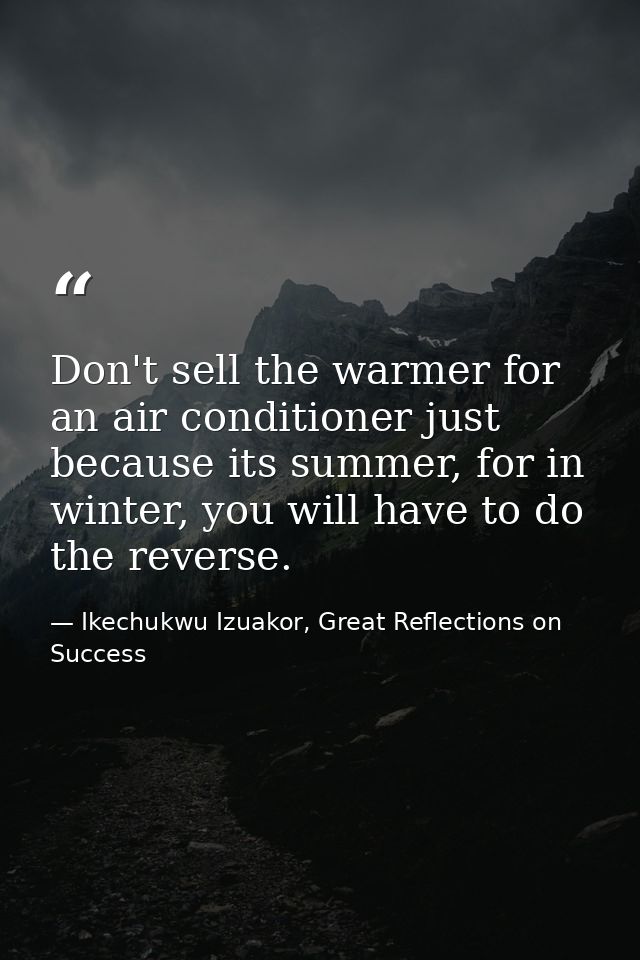 Don't sell the warmer for an air conditioner just because its summer, for in winter, you will have to do the reverse. — Ikechukwu Izuakor, Great Reflections on Success