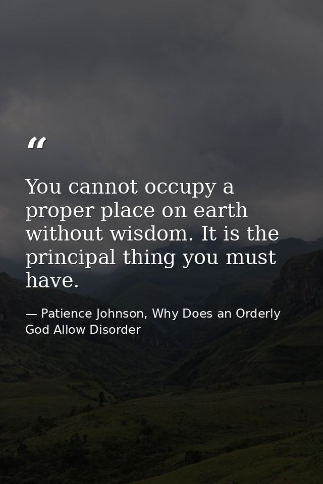 You cannot occupy a proper place on earth without wisdom. It is the principal thing you must have. — Patience Johnson, Why Does an Orderly God Allow Disorder