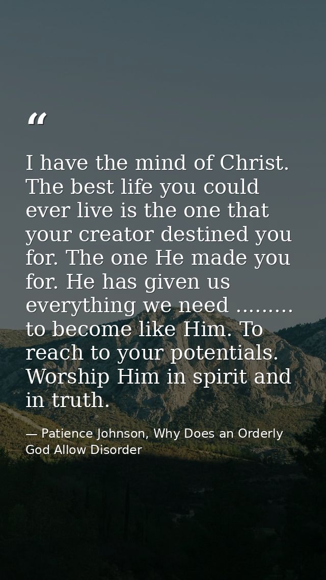 I have the mind of Christ. The best life you could ever live is the one that your creator destined you for. The one He m — Patience Johnson, Why Does an Orderly God Allow Disorder