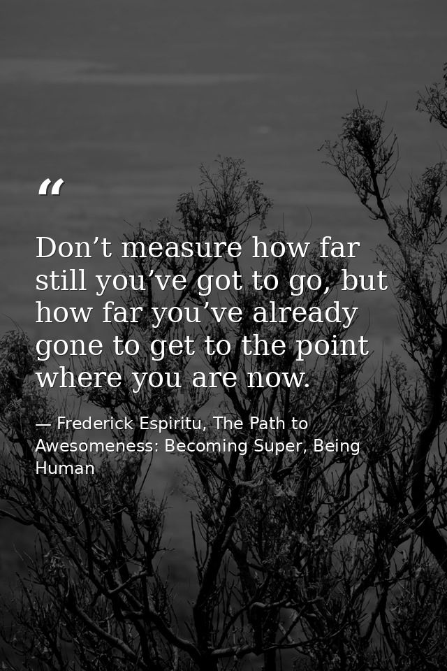 Don’t measure how far still you’ve got to go, but how far you’ve already gone to get to the point where you are now. — Frederick Espiritu, The Path to Awesomeness: Becoming Super, Being Human