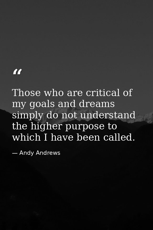 Those who are critical of my goals and dreams simply do not understand the higher purpose to which I have been called. — Andy Andrews