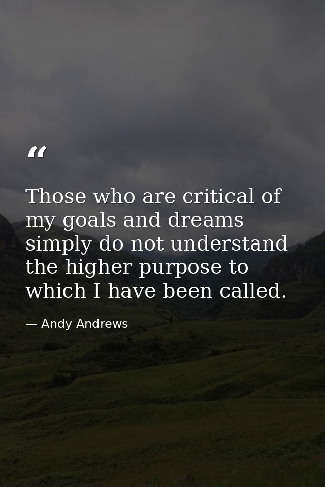Those who are critical of my goals and dreams simply do not understand the higher purpose to which I have been called. — Andy Andrews