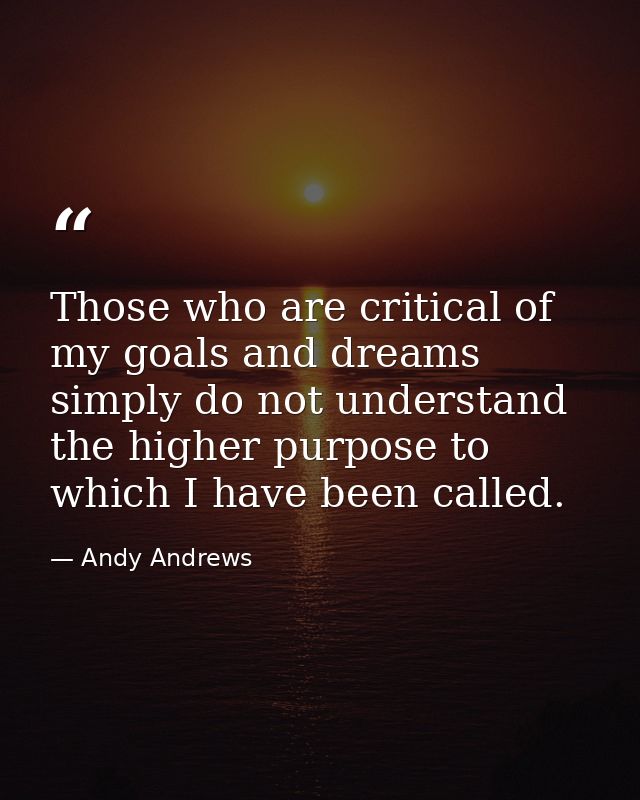 Those who are critical of my goals and dreams simply do not understand the higher purpose to which I have been called. — Andy Andrews