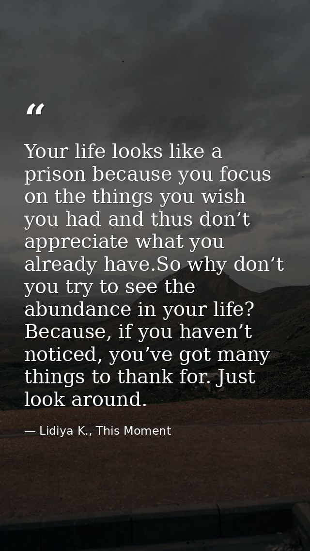 Your life looks like a prison because you focus on the things you wish you had and thus don’t appreciate what you alread — Lidiya K., This Moment