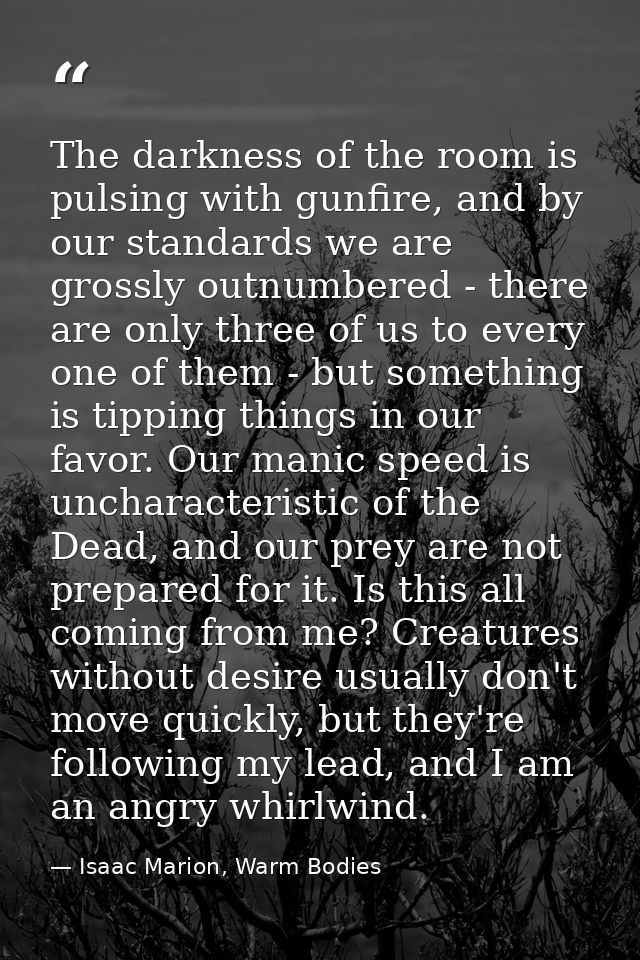 The darkness of the room is pulsing with gunfire, and by our standards we are grossly outnumbered - there are only three — Isaac Marion, Warm Bodies