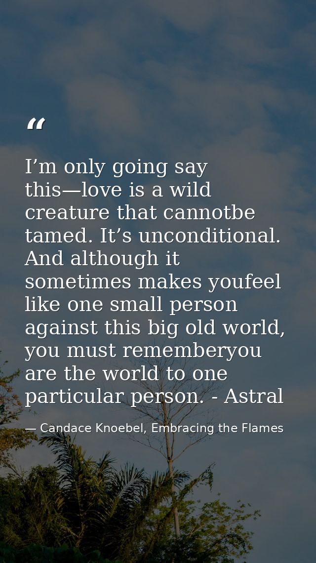 I’m only going say this—love is a wild creature that cannotbe tamed. It’s unconditional. And although it sometimes makes — Candace Knoebel, Embracing the Flames