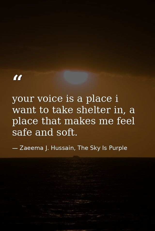your voice is a place i want to take shelter in, a place that makes me feel safe and soft. — Zaeema J. Hussain, The Sky Is Purple
