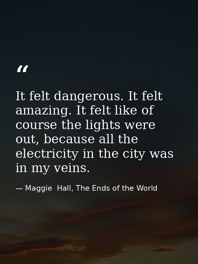 It felt dangerous. It felt amazing. It felt like of course the lights were out, because all the electricity in the city  — Maggie  Hall, The Ends of the World