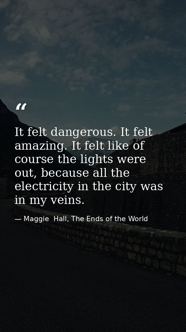 It felt dangerous. It felt amazing. It felt like of course the lights were out, because all the electricity in the city  — Maggie  Hall, The Ends of the World