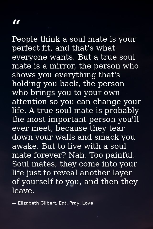 People think a soul mate is your perfect fit, and that's what everyone wants. But a true soul mate is a mirror, the pers — Elizabeth Gilbert, Eat, Pray, Love