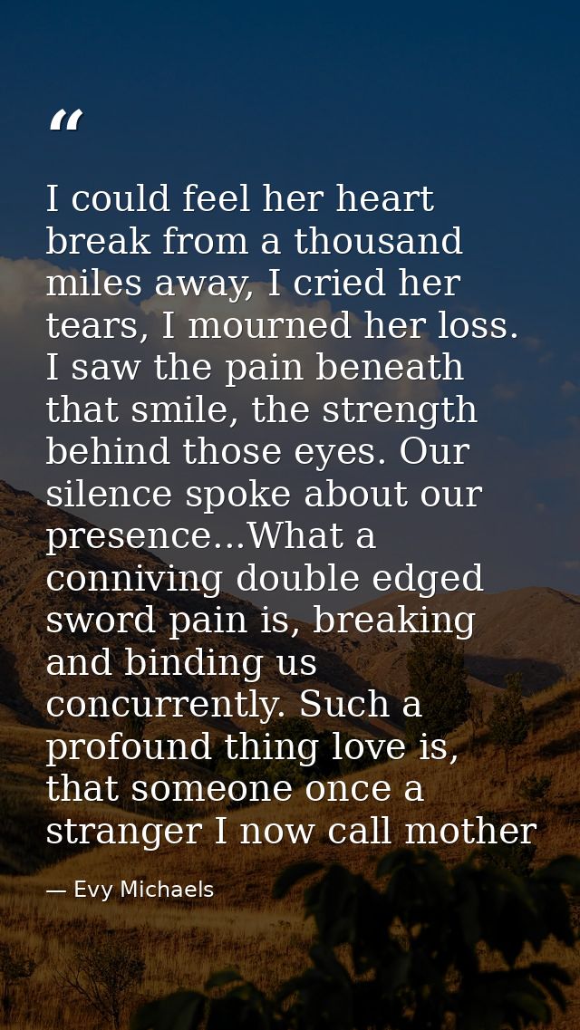 I could feel her heart break from a thousand miles away, I cried her tears, I mourned her loss. I saw the pain beneath t — Evy Michaels