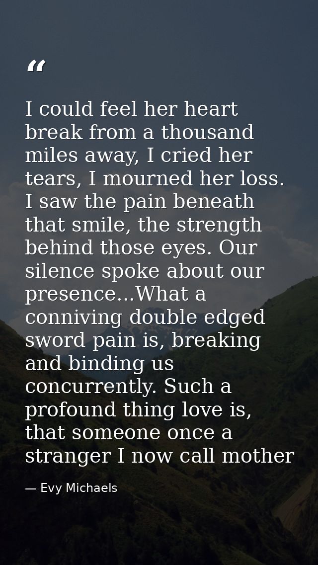 I could feel her heart break from a thousand miles away, I cried her tears, I mourned her loss. I saw the pain beneath t — Evy Michaels