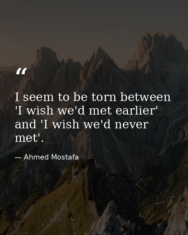 I seem to be torn between 'I wish we'd met earlier' and 'I wish we'd never met'. — Ahmed Mostafa