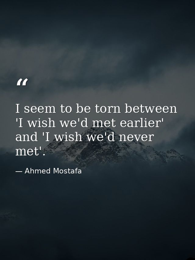 I seem to be torn between 'I wish we'd met earlier' and 'I wish we'd never met'. — Ahmed Mostafa