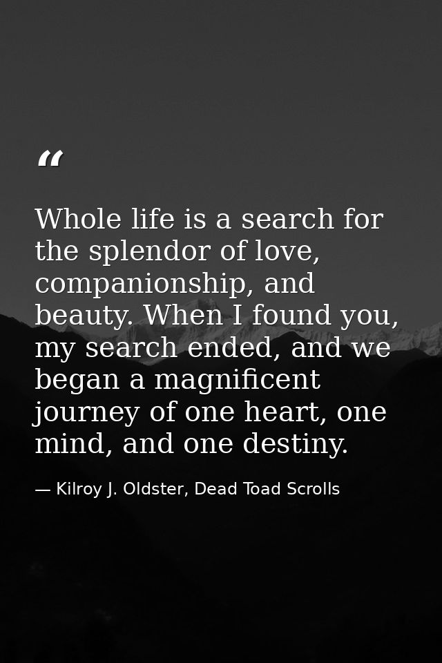 Whole life is a search for the splendor of love, companionship, and beauty. When I found you, my search ended, and we be — Kilroy J. Oldster, Dead Toad Scrolls