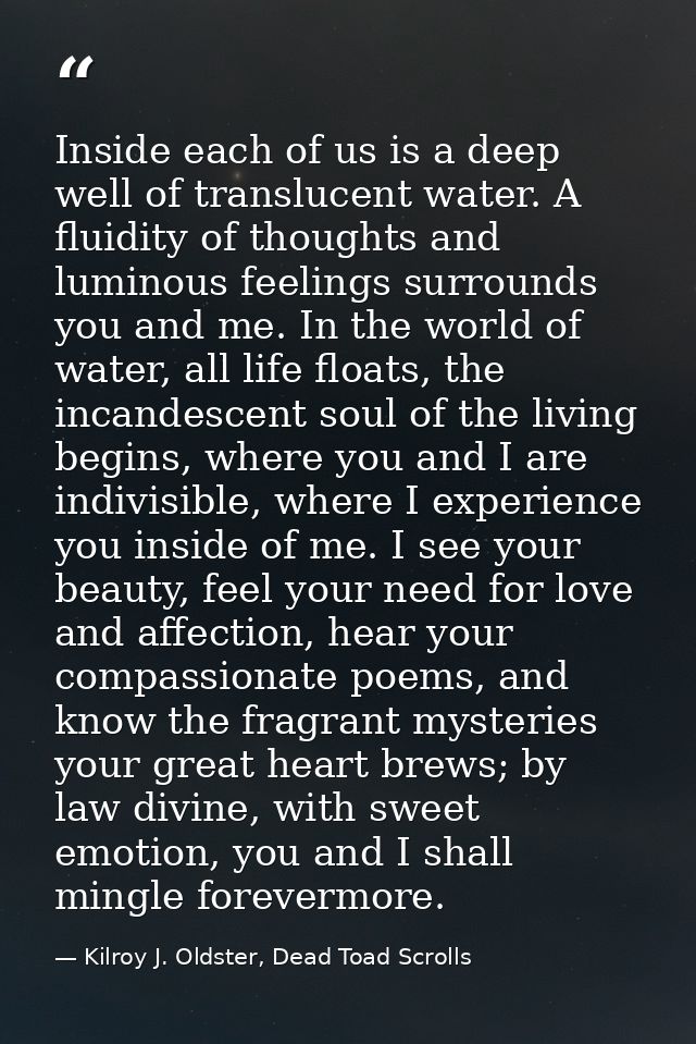Inside each of us is a deep well of translucent water. A fluidity of thoughts and luminous feelings surrounds you and me — Kilroy J. Oldster, Dead Toad Scrolls