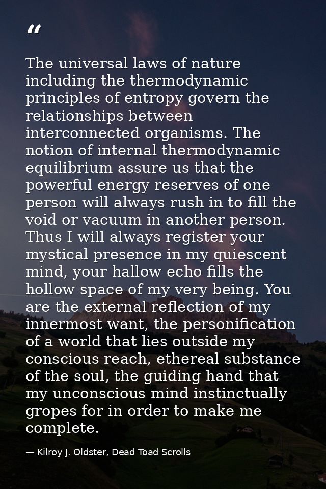The universal laws of nature including the thermodynamic principles of entropy govern the relationships between intercon — Kilroy J. Oldster, Dead Toad Scrolls