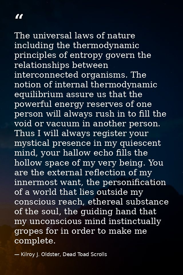 The universal laws of nature including the thermodynamic principles of entropy govern the relationships between intercon — Kilroy J. Oldster, Dead Toad Scrolls