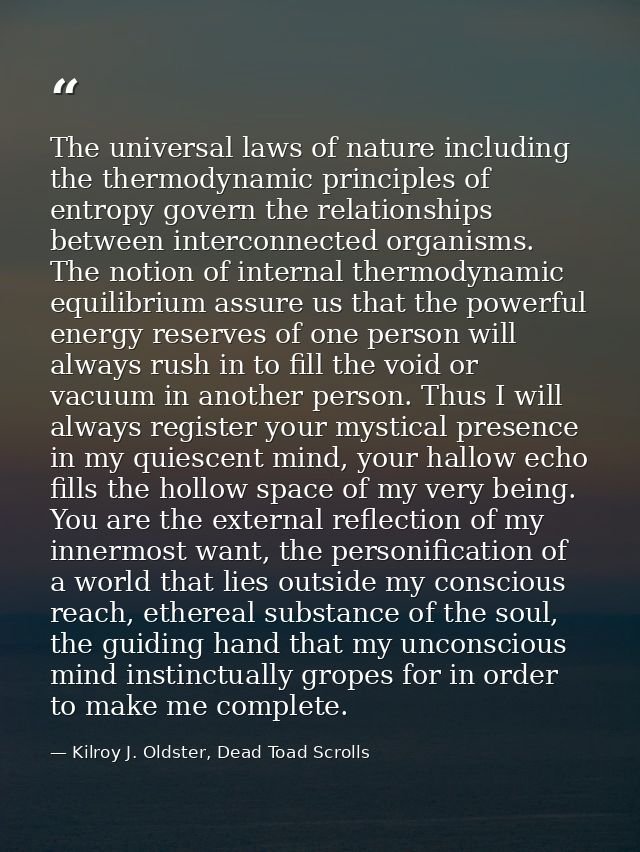 The universal laws of nature including the thermodynamic principles of entropy govern the relationships between intercon — Kilroy J. Oldster, Dead Toad Scrolls