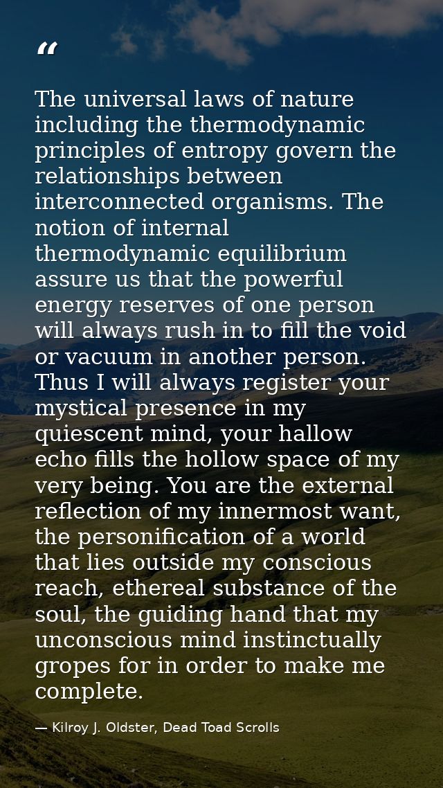 The universal laws of nature including the thermodynamic principles of entropy govern the relationships between intercon — Kilroy J. Oldster, Dead Toad Scrolls