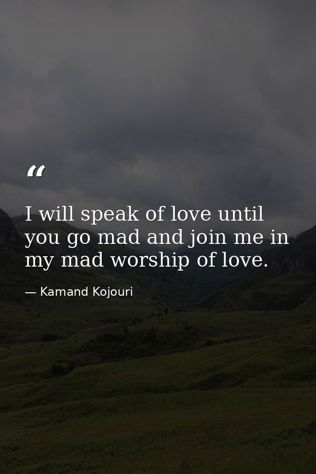 I will speak of love until you go mad and join me in my mad worship of love. — Kamand Kojouri