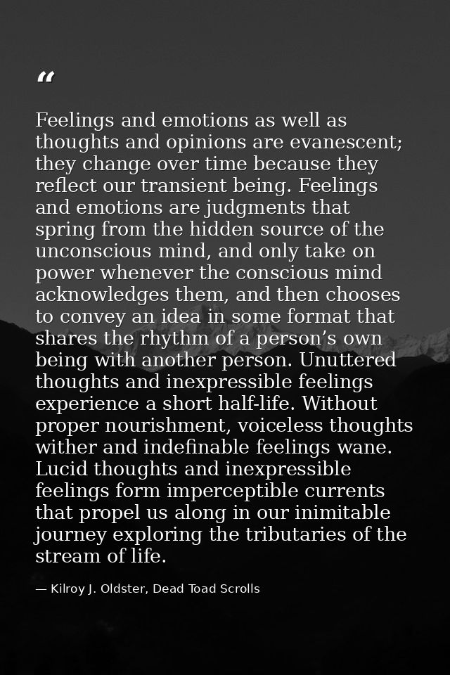 Feelings and emotions as well as thoughts and opinions are evanescent; they change over time because they reflect our tr — Kilroy J. Oldster, Dead Toad Scrolls