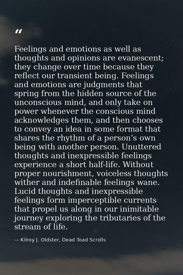 Feelings and emotions as well as thoughts and opinions are evanescent; they change over time because they reflect our tr — Kilroy J. Oldster, Dead Toad Scrolls