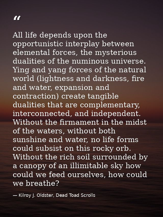 All life depends upon the opportunistic interplay between elemental forces, the mysterious dualities of the numinous uni — Kilroy J. Oldster, Dead Toad Scrolls