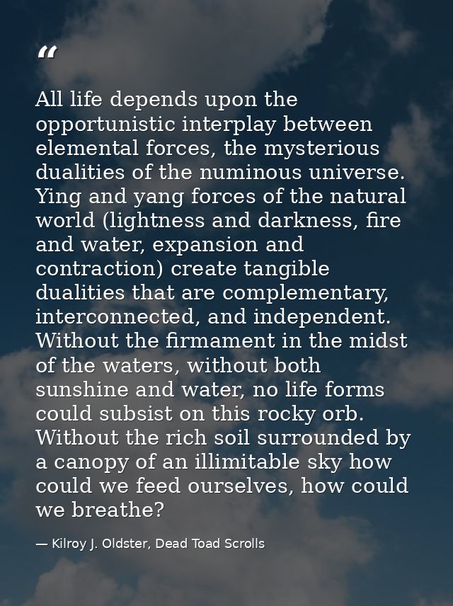 All life depends upon the opportunistic interplay between elemental forces, the mysterious dualities of the numinous uni — Kilroy J. Oldster, Dead Toad Scrolls