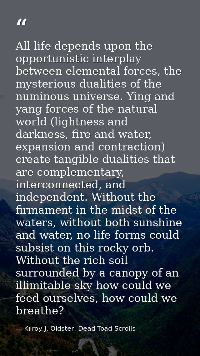 All life depends upon the opportunistic interplay between elemental forces, the mysterious dualities of the numinous uni — Kilroy J. Oldster, Dead Toad Scrolls